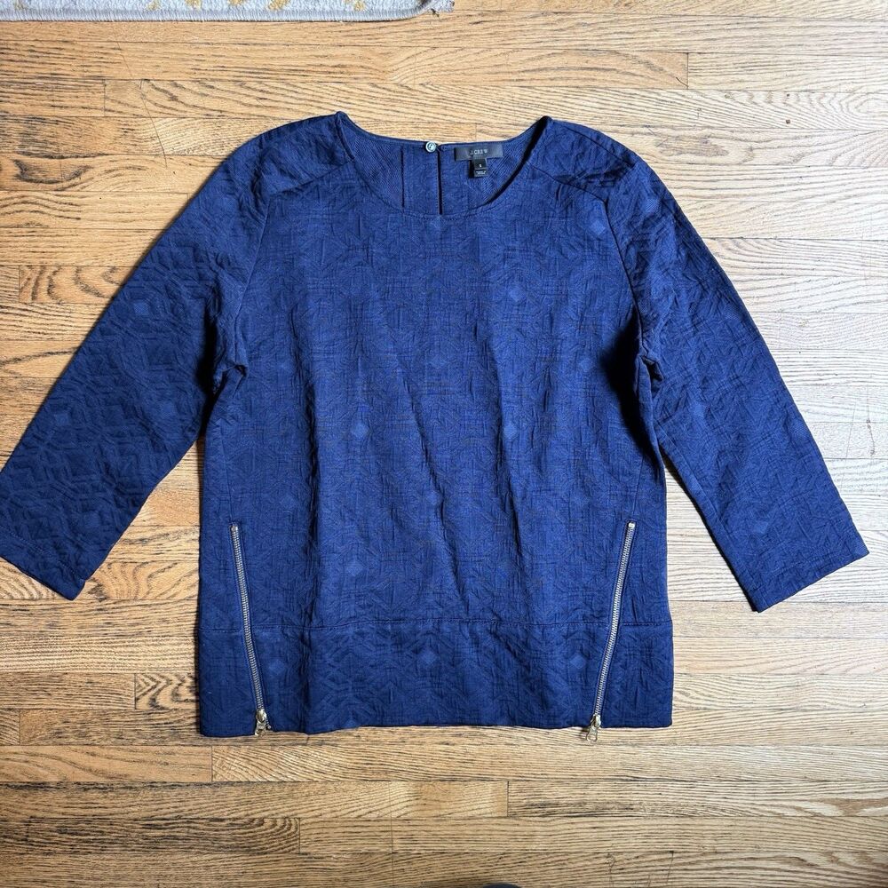 J Crew Matelasse Zip Top Women’s 2 Navy Brocade Minimalist Office Career Luxury